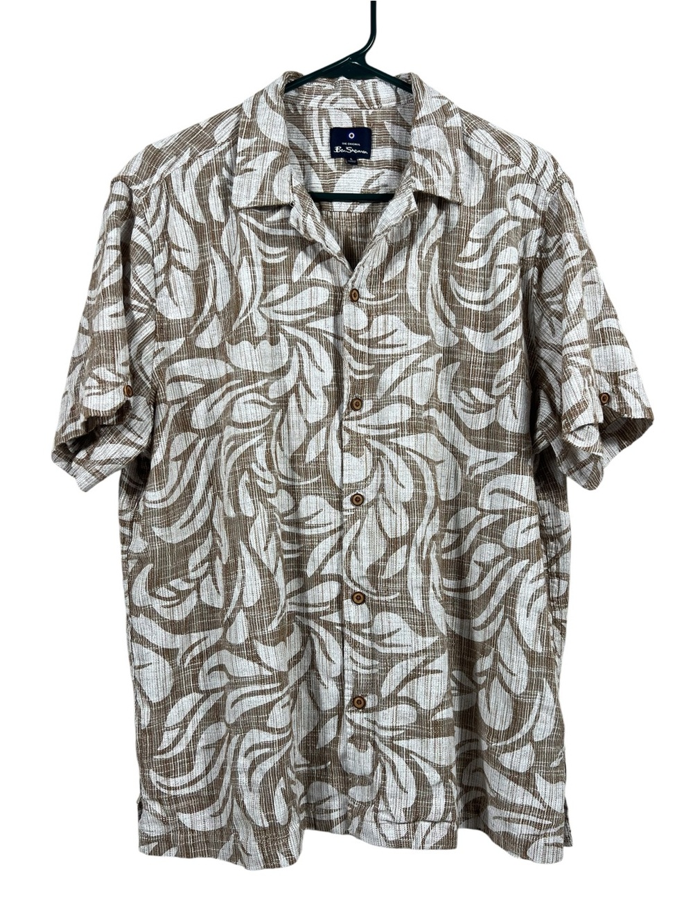 Ben Sherman brown white tropical floral leaf print short sleeve shirt Cotton LG